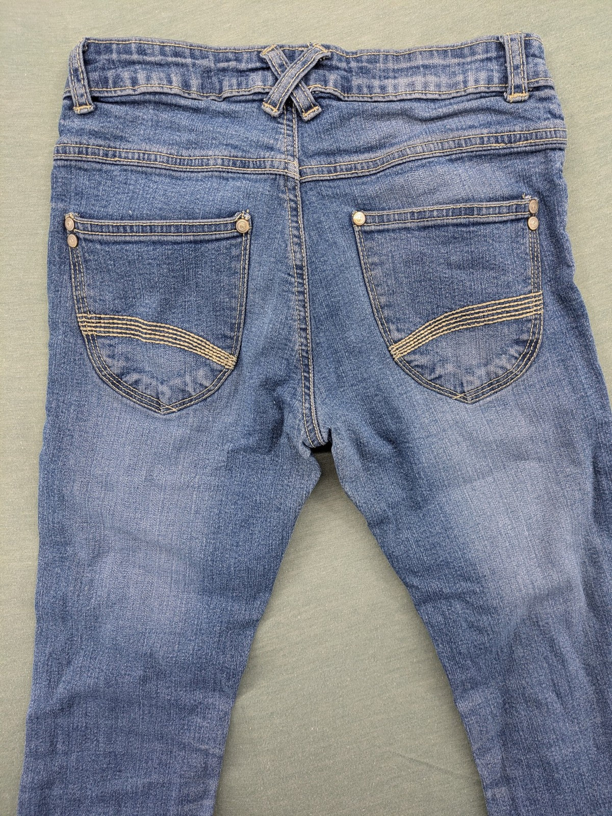 Bamboo blue straight jeans size 158, medium wash, classic 5-pocket style, stretch denim.