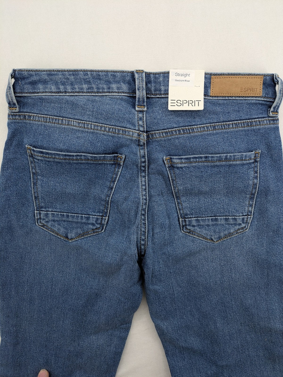 Esprit blue straight leg jeans medium rise with washed finish and cotton-stretch blend.
