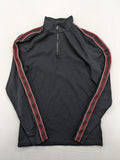 Bogner black turtle neck jumper with red and white striped sleeves and 1/4 zipper.