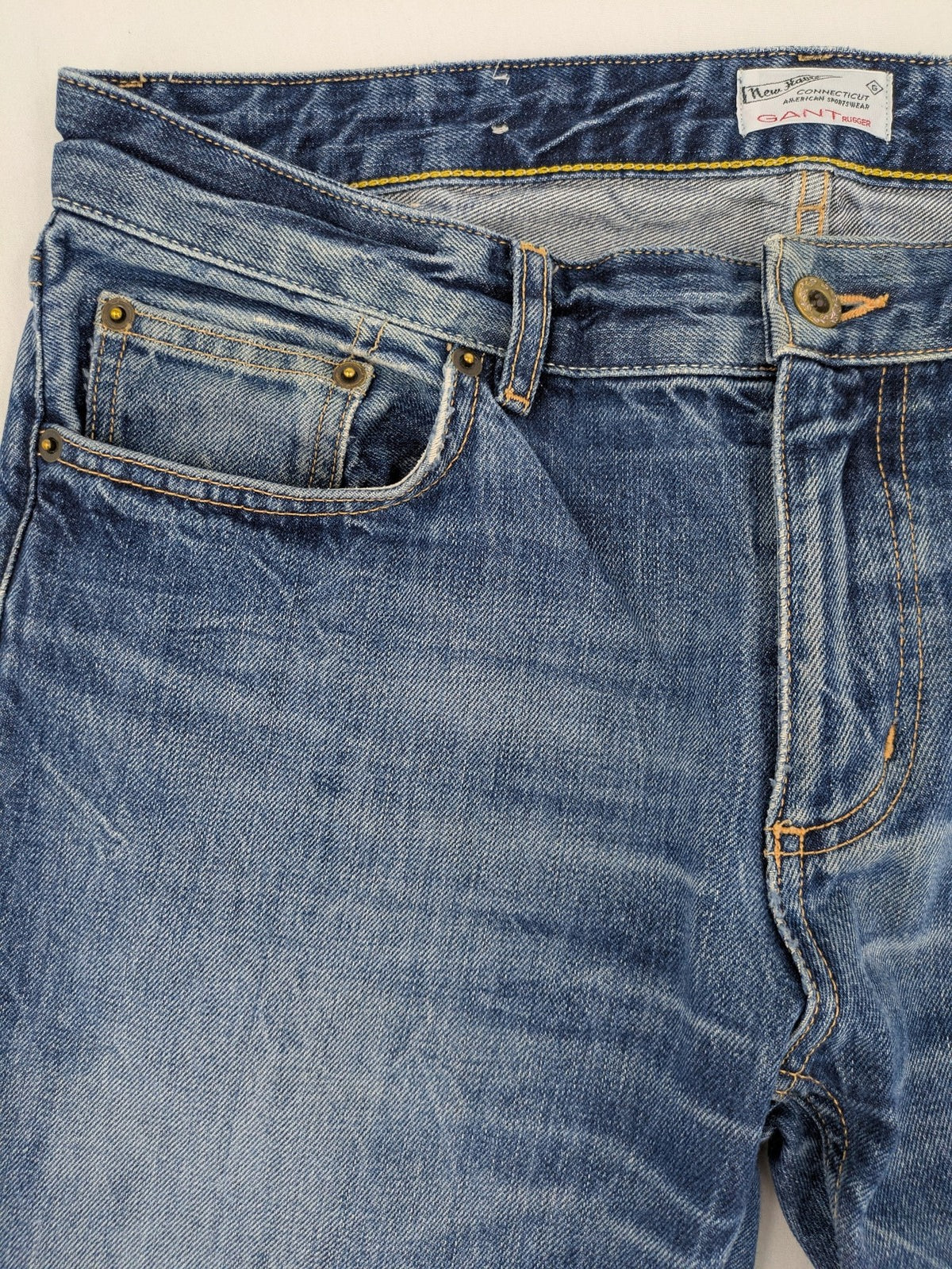 GANT Rugger blue straight leg jeans medium wash, classic button fly, durable cotton denim.