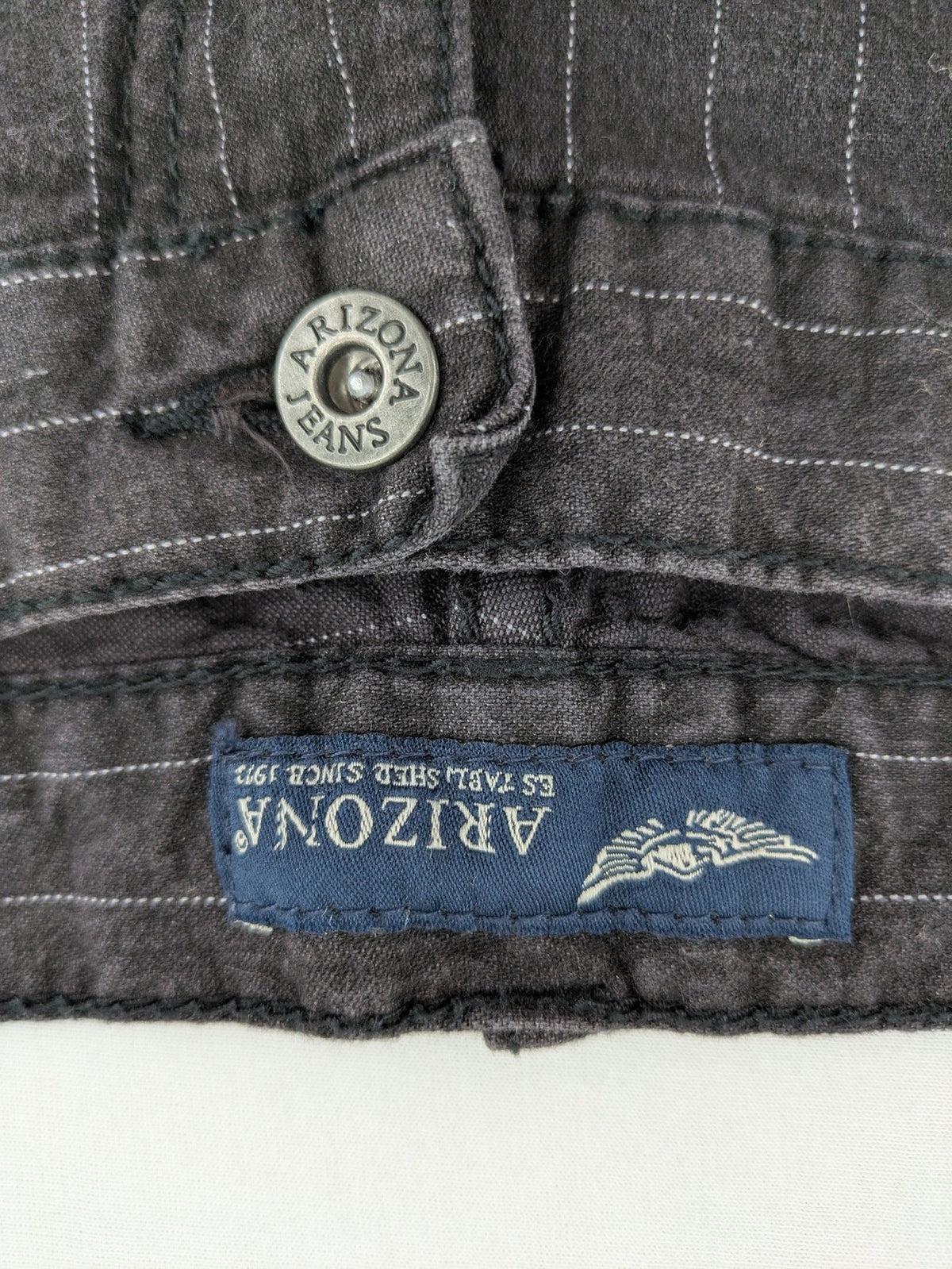 Arizona grey straight jeans with white pinstripe pattern, cotton blend material.