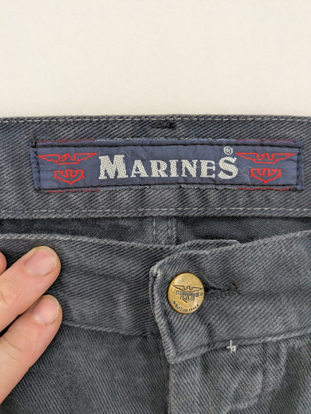 Marines blue straight jeans regular fit with button fly and logo patch detail.