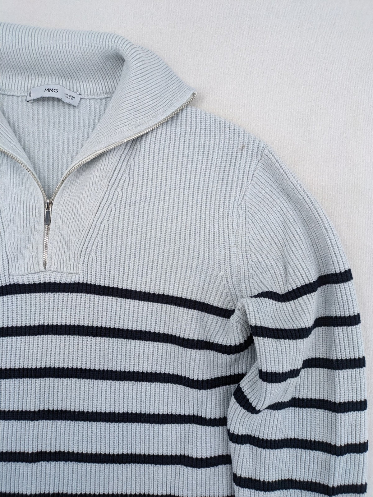 MNG blue striped turtle neck jumper with quarter zip and ribbed texture.