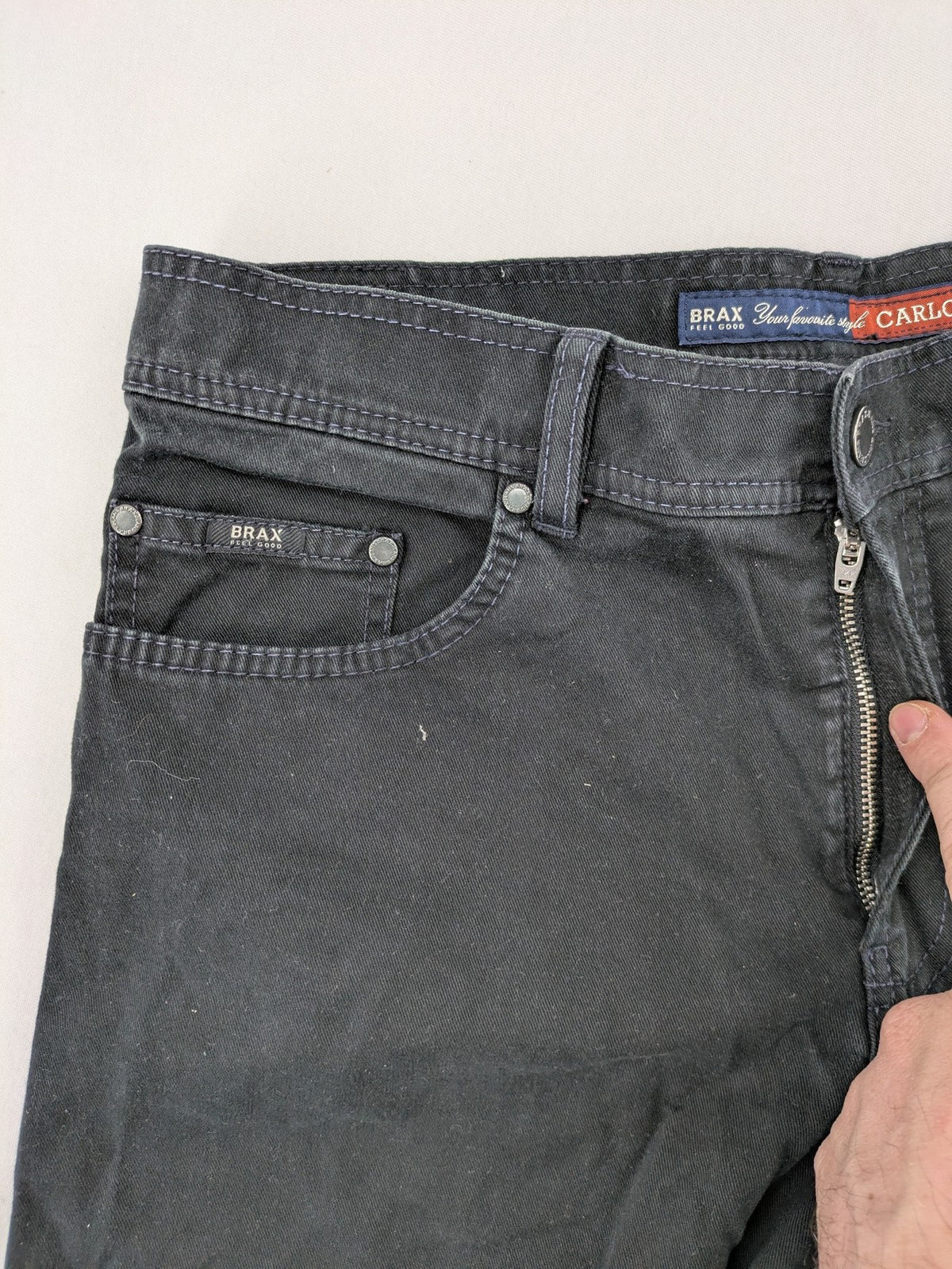 BRAX black straight jeans Carlos model, washed finish, durable cotton with stretch.
