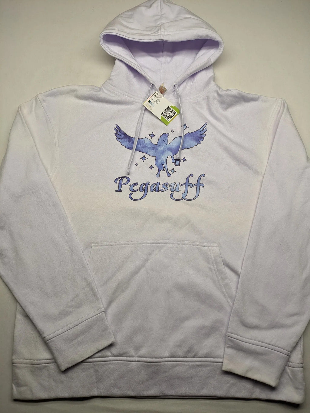 JHK blue hoodie with white "Pegasuff" graphic print and kangaroo pocket.