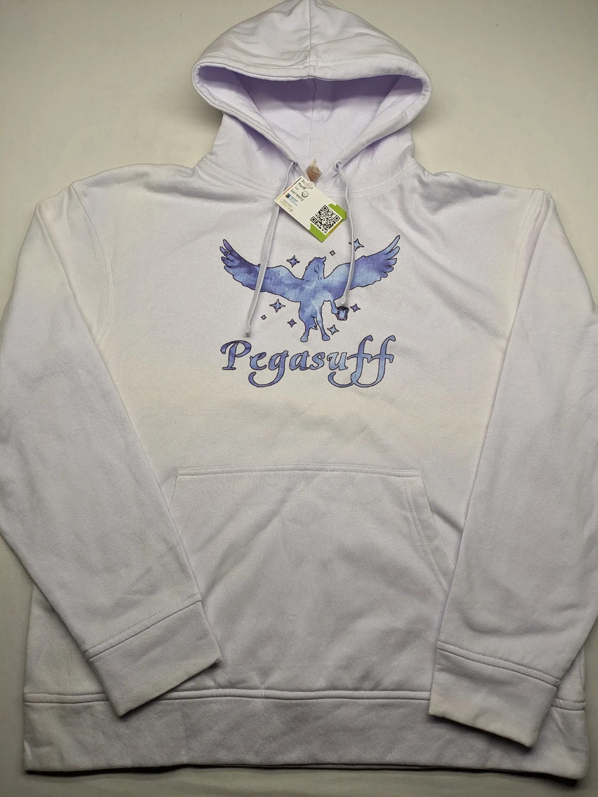 JHK blue hoodie with white "Pegasuff" graphic print and kangaroo pocket.