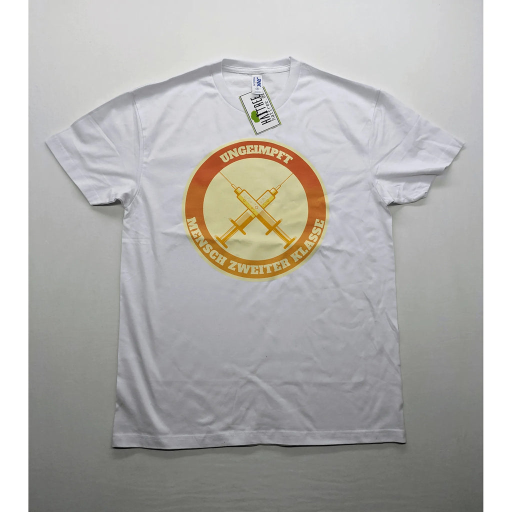 Hattree orange and white T-shirt with graphic print "Ungeimpft Mensch Zweiter Klasse".
