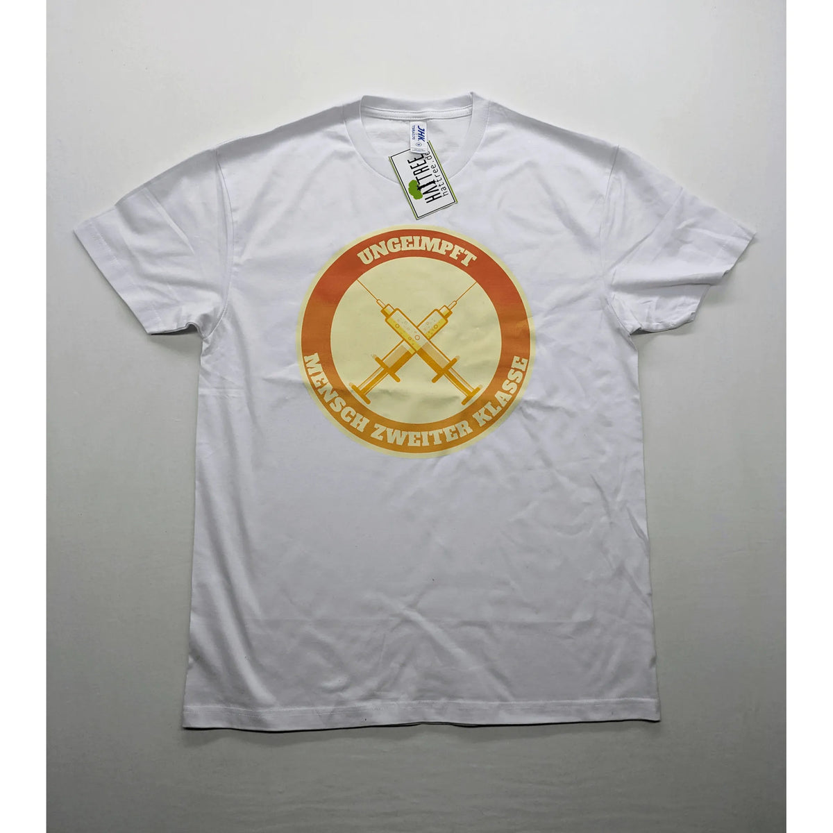 Hattree orange and white T-shirt with graphic print "Ungeimpft Mensch Zweiter Klasse".
