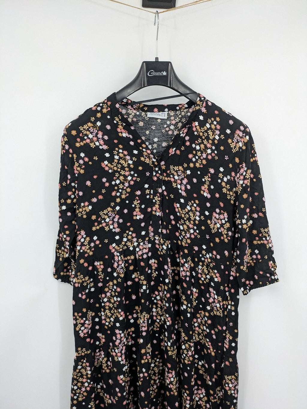 Janina women's A-line dress multi floral print on black, V-neck, 3/4 sleeves, lightweight viscose.