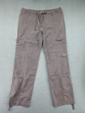 Columbia grey cargo pants with multiple pockets and drawstring waist, 100% cotton.