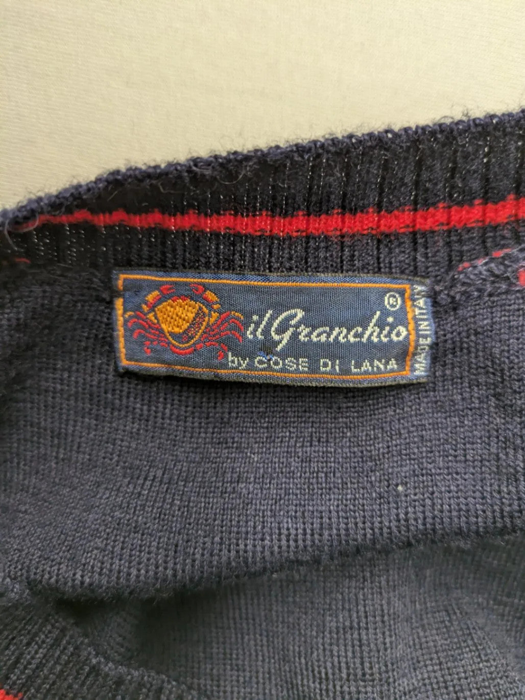 Il Granchio grey turtle neck jumper with red accents and embroidered crab logo.
