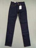 Esprit navy straight jeans with five-pocket style and yellow contrast stitching.