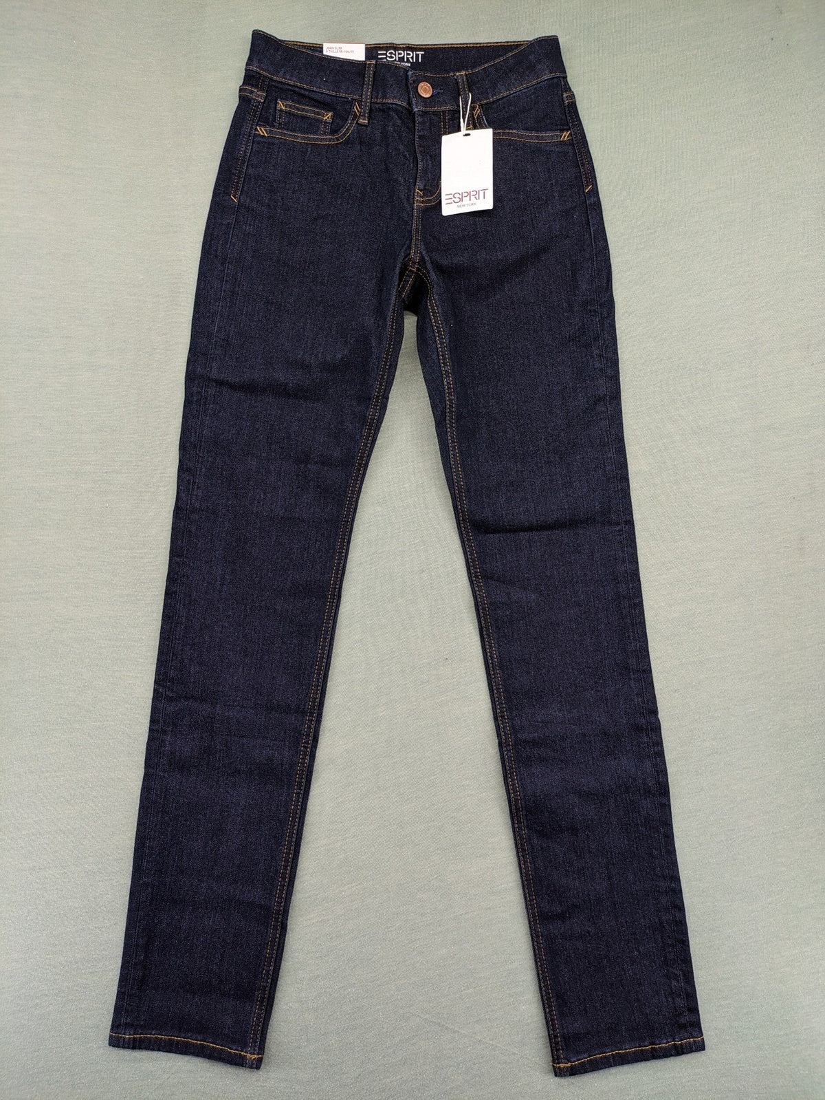 Esprit navy straight jeans with five-pocket style and yellow contrast stitching.