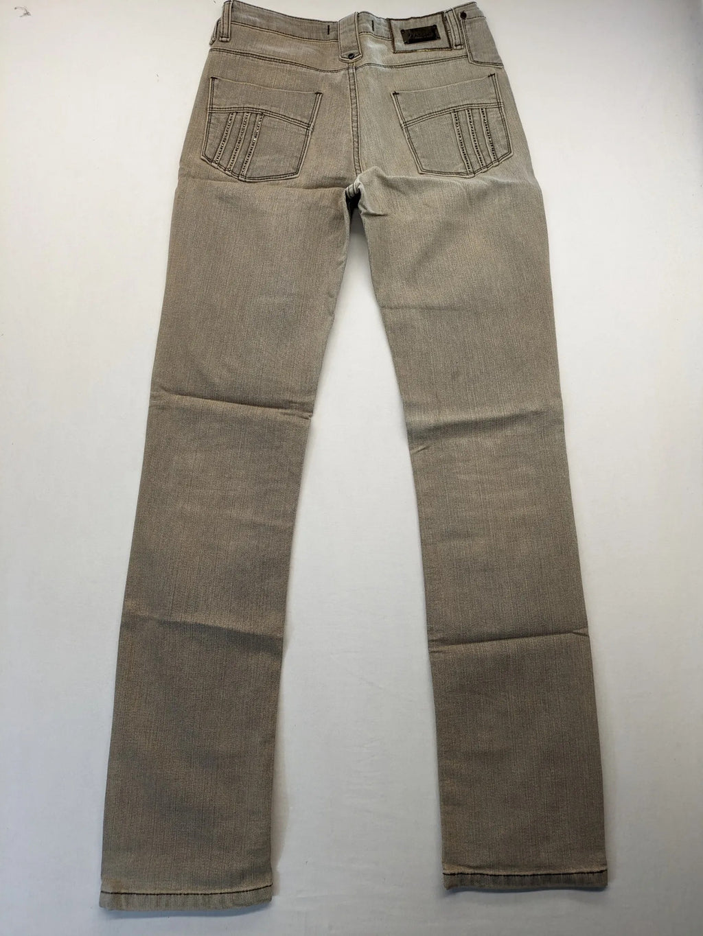 Masha khaki straight jeans with rhinestone embellishments and decorative stitching.