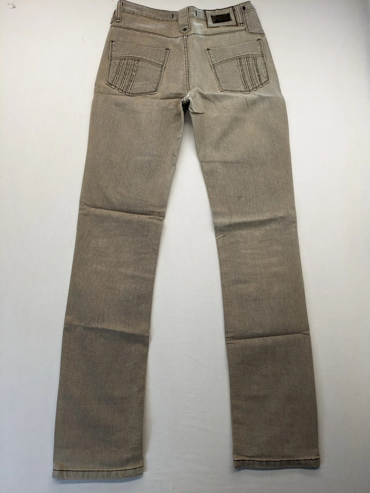 Masha khaki straight jeans with rhinestone embellishments and decorative stitching.