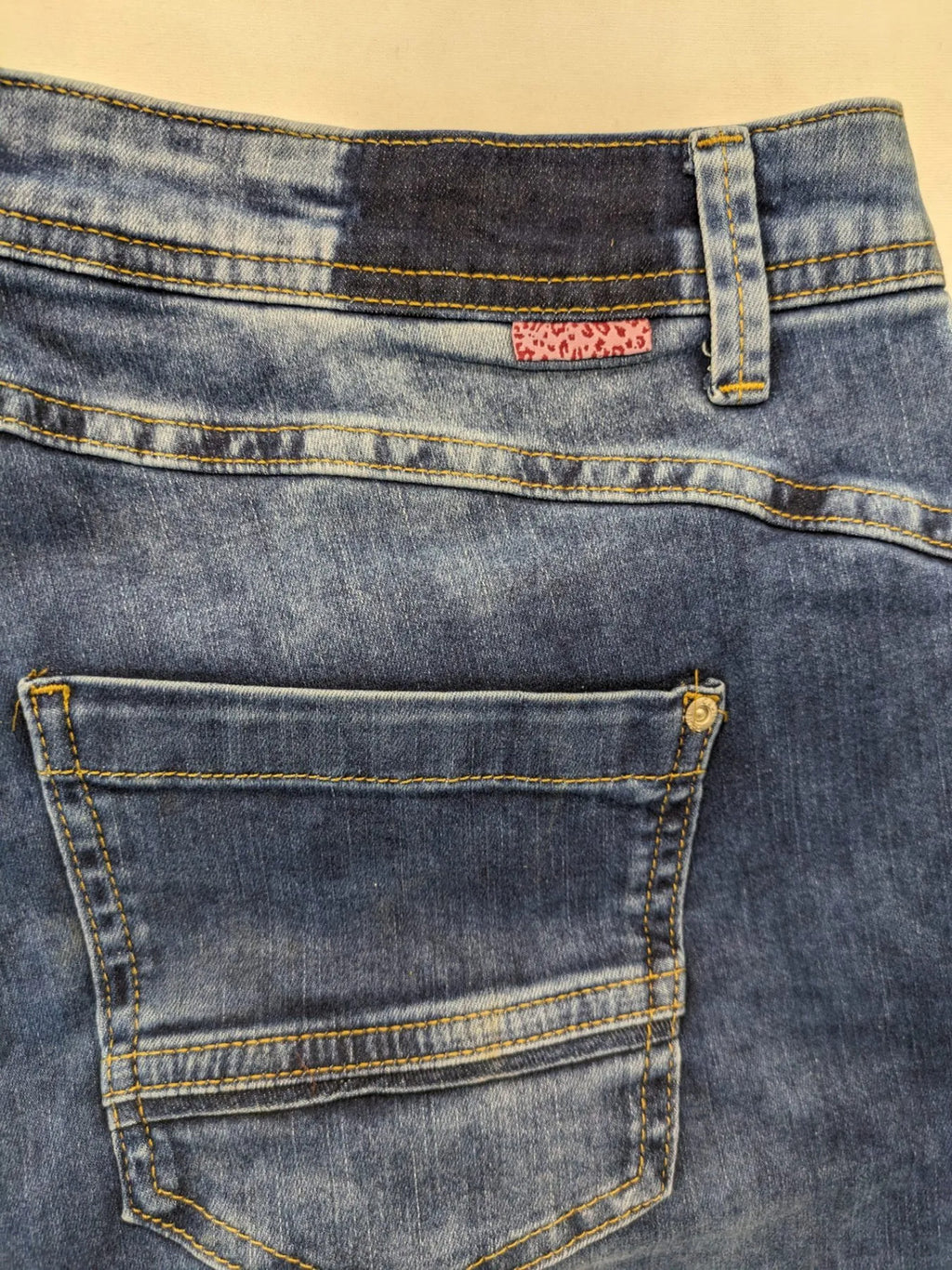 Cecil straight jeans blue patchwork design with classic button fly and stretch denim.