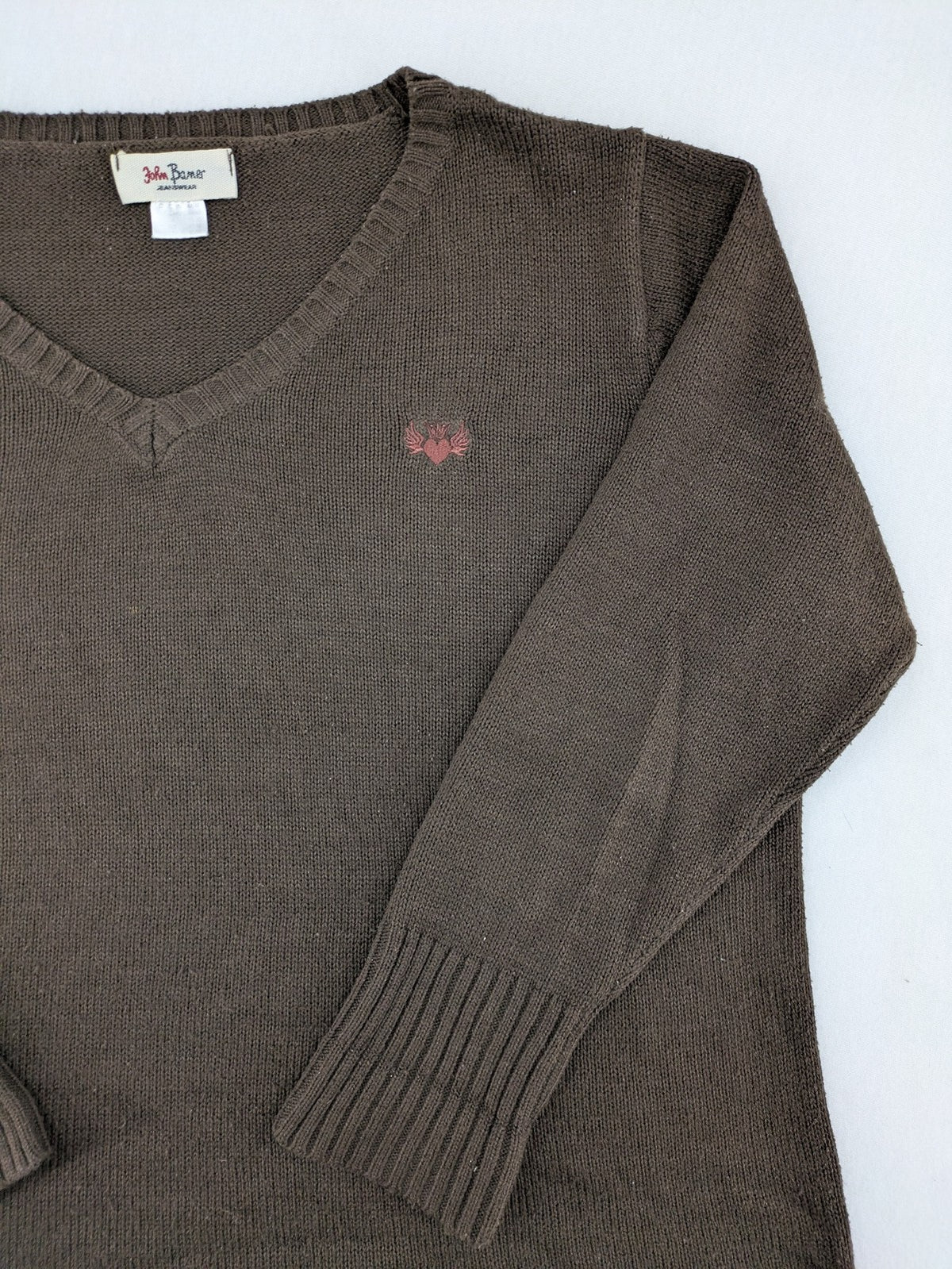 john baner brown turtle neck jumper soft knit with embroidered logo on chest