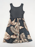 Kontrast summer dress beige tropical leaf print with black ribbed tank top and lace trim.