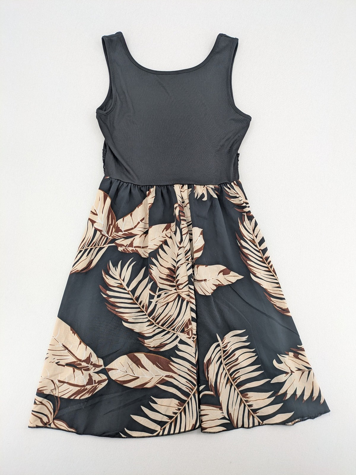 Kontrast summer dress beige tropical leaf print with black ribbed tank top and lace trim.