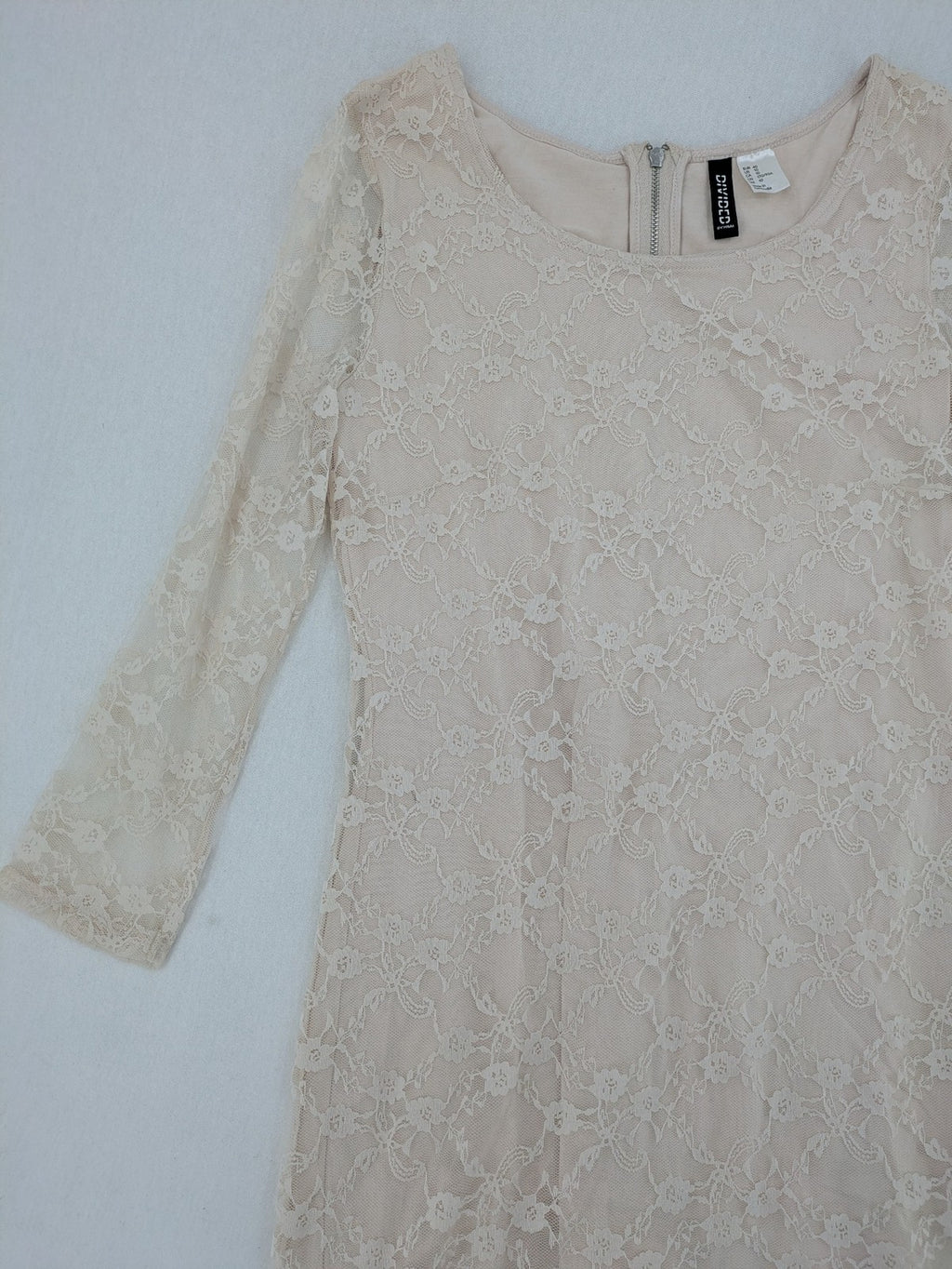 Divided H&M beige bodycon dress floral lace overlay 3/4 sleeves back zipper