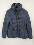 Esprit navy puffer jacket with belt, high collar, ribbed inner lining, and button placket.