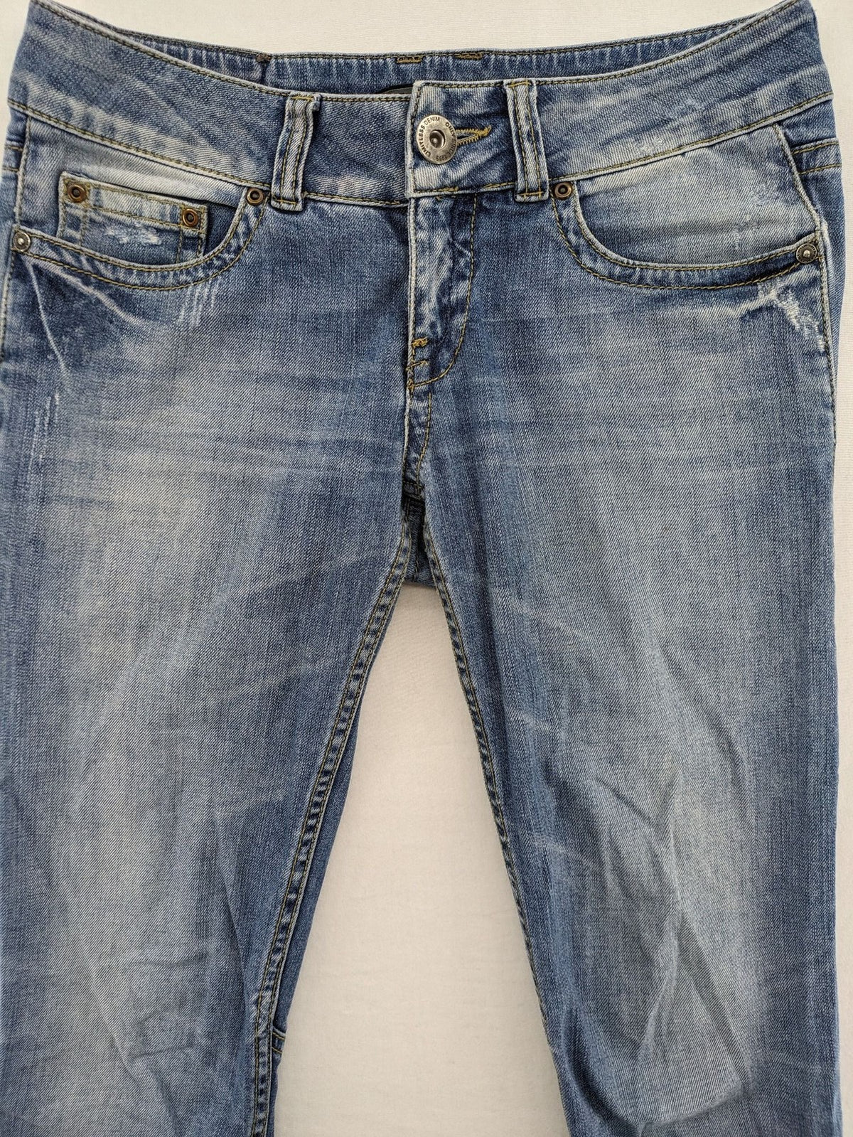 ONLY straight jeans orange pink distressed denim with unique gathered biker-style details