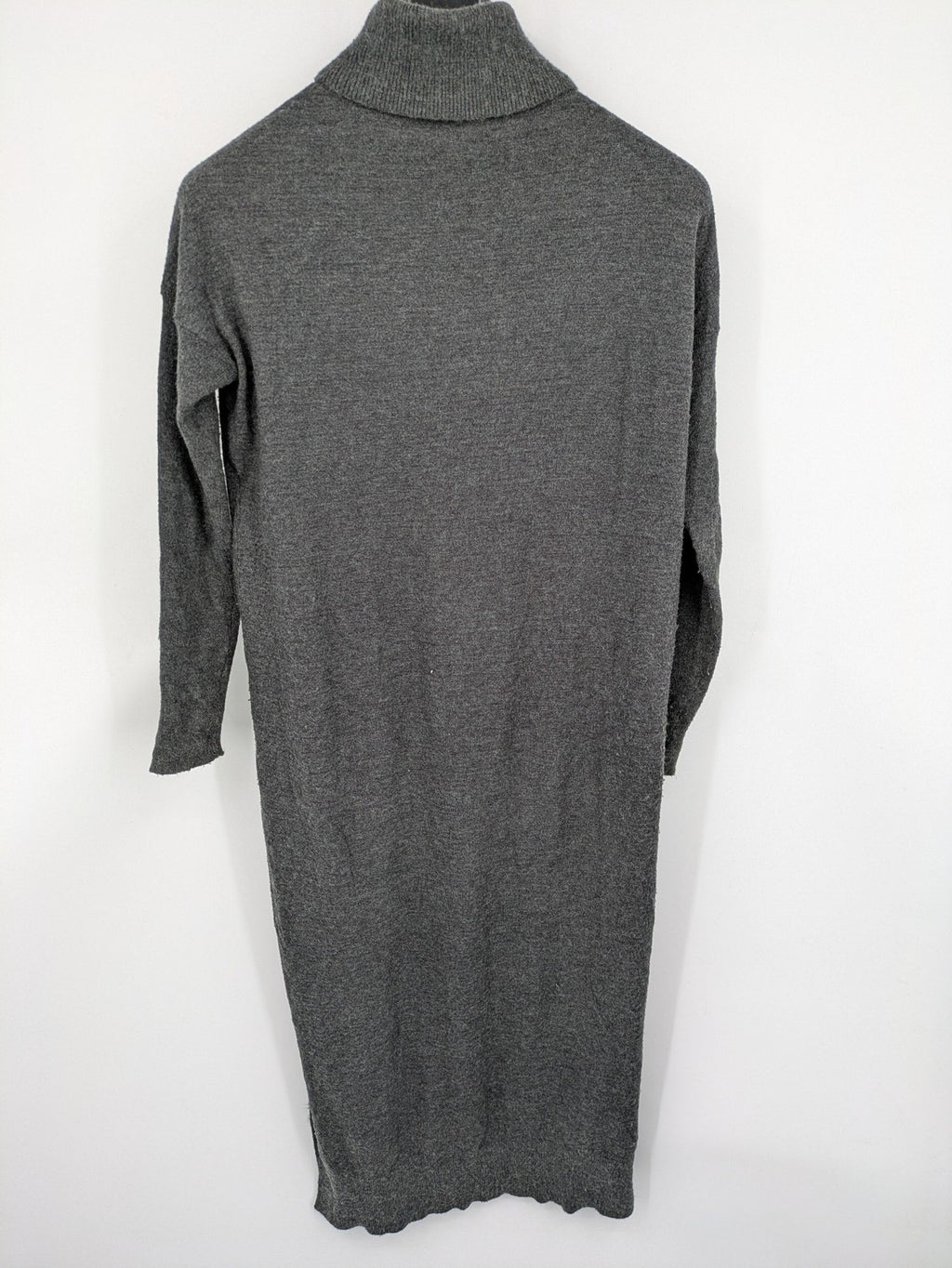 ONLY grey knitted midi dress with roll neck, long sleeves, and side slits.