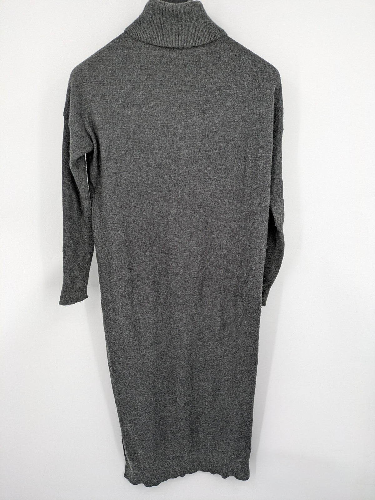 ONLY grey knitted midi dress with roll neck, long sleeves, and side slits.
