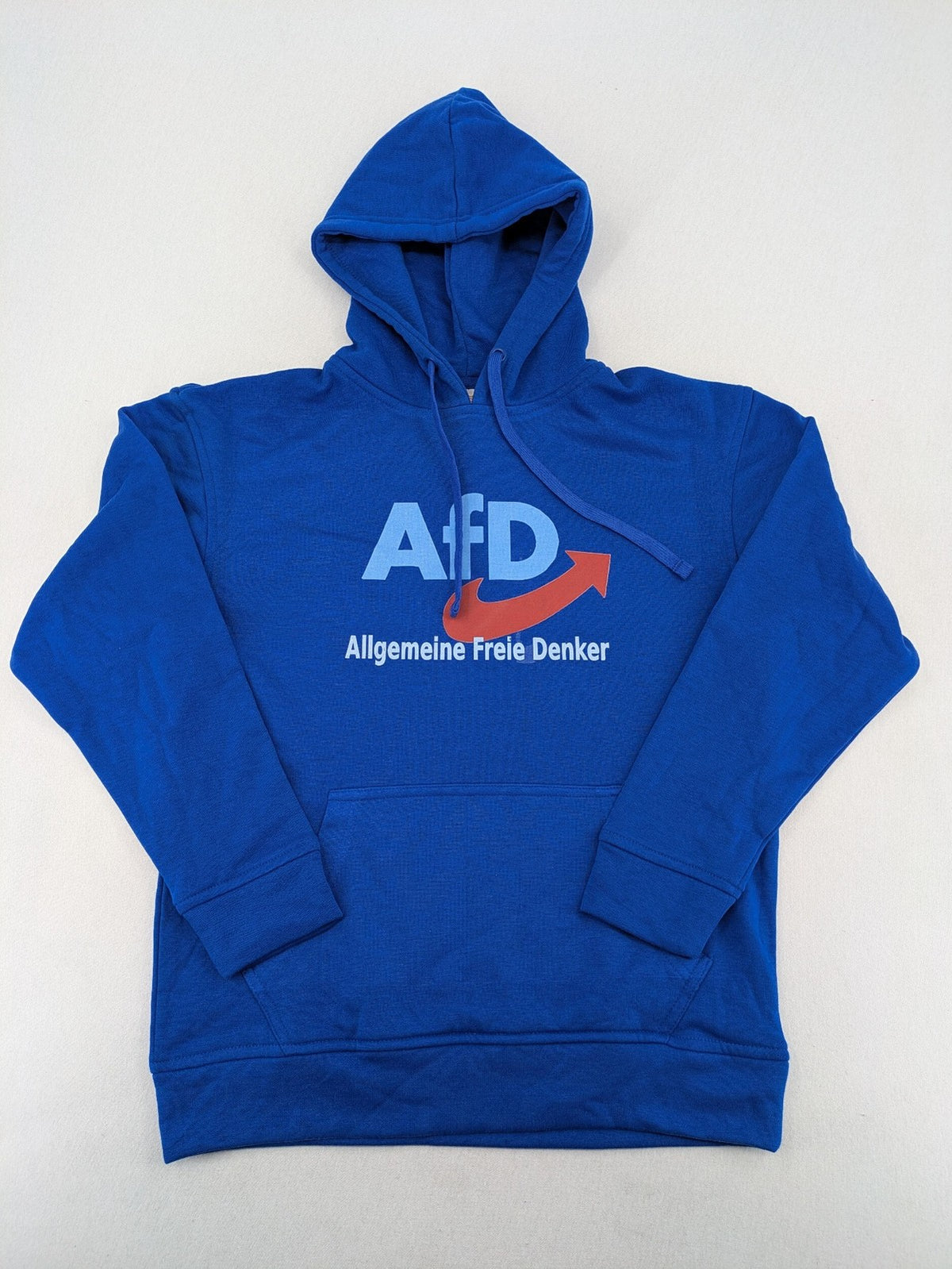 AFD blue hoodie with "AfD Allgemeine Freie Denker" print, kangaroo pocket, drawstring hood.