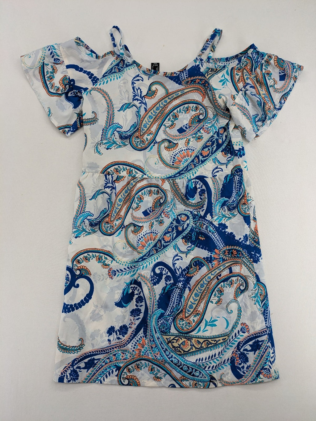 Atmosphere orange summer dress with colorful paisley pattern and cold shoulder design.