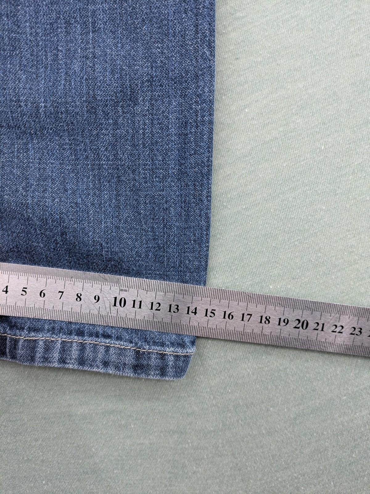 Straight Leg blue pants 100% cotton with decorative stitching and classic 5-pocket style.
