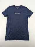 Review navy band t-shirt with "Never Established" logo print, 100% cotton.