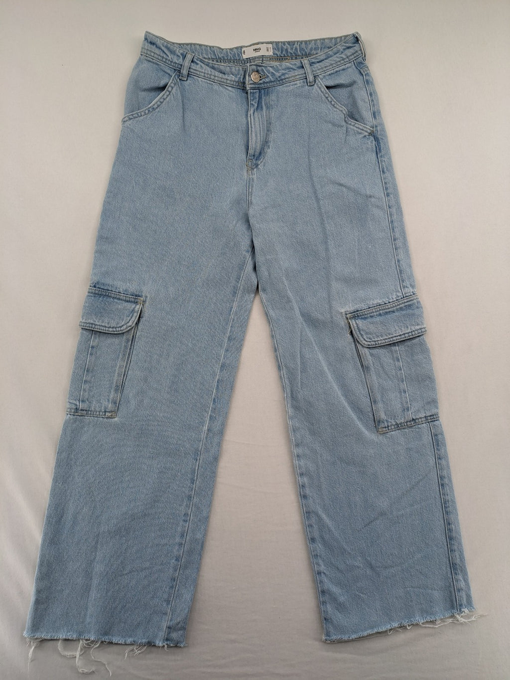 MNG blue straight jeans with cargo pockets and raw hem, high waist denim.