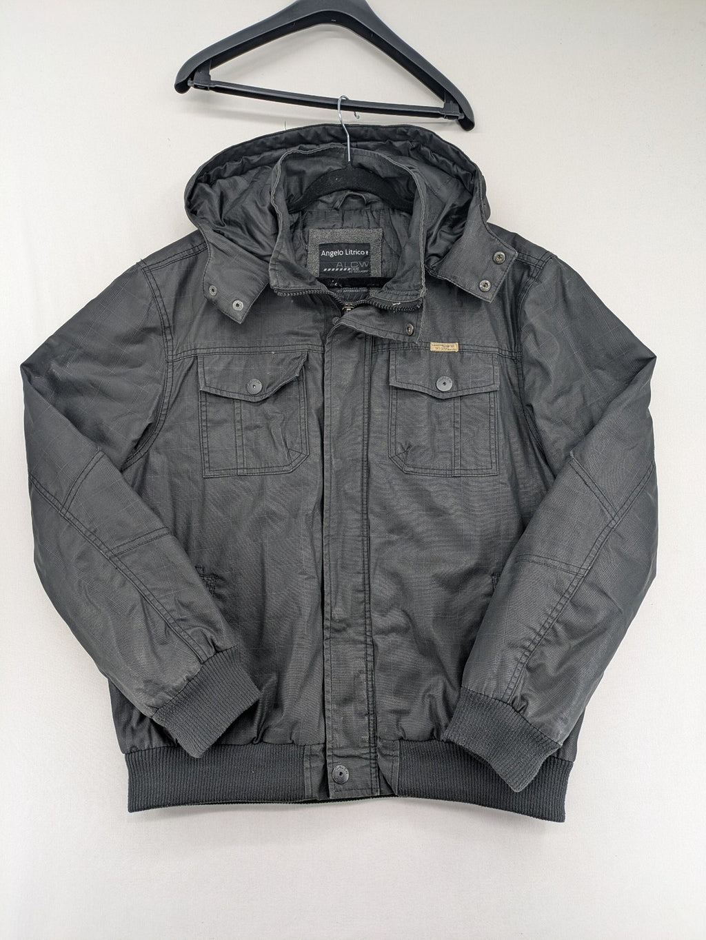 Angelo Litrico grey pilot jacket with removable hood, zip closure, and multiple pockets.