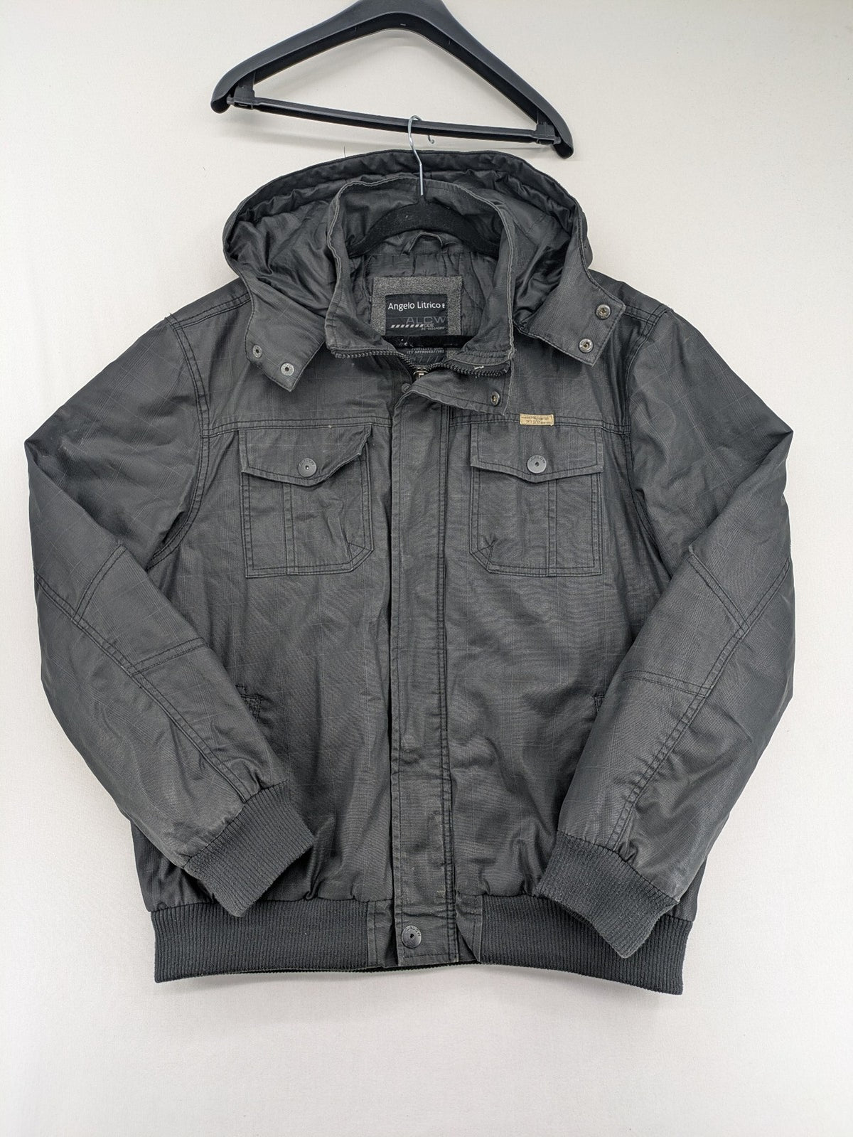 Angelo Litrico grey pilot jacket with removable hood, zip closure, and multiple pockets.