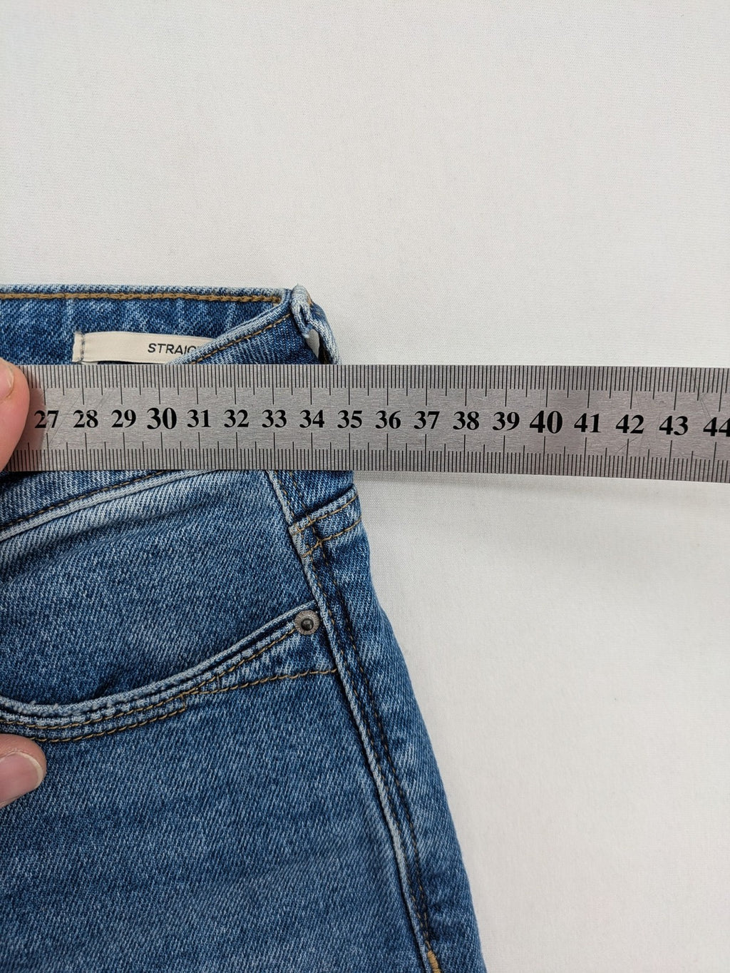 Esprit blue straight leg jeans medium rise with washed finish and cotton-stretch blend.