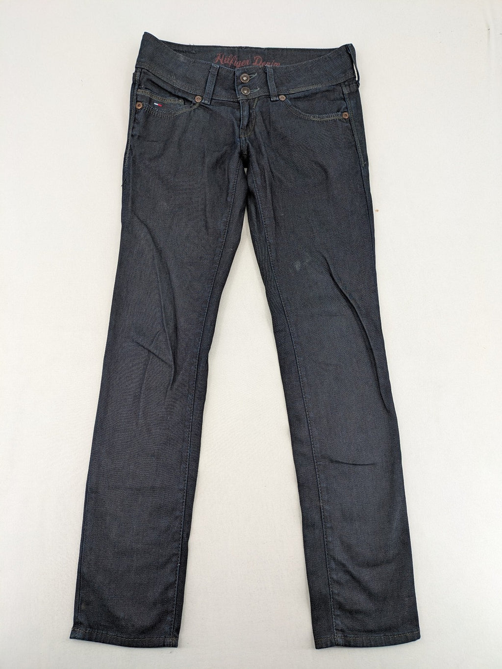 Hilfiger Denim blue straight jeans with double button closure and logo detail.