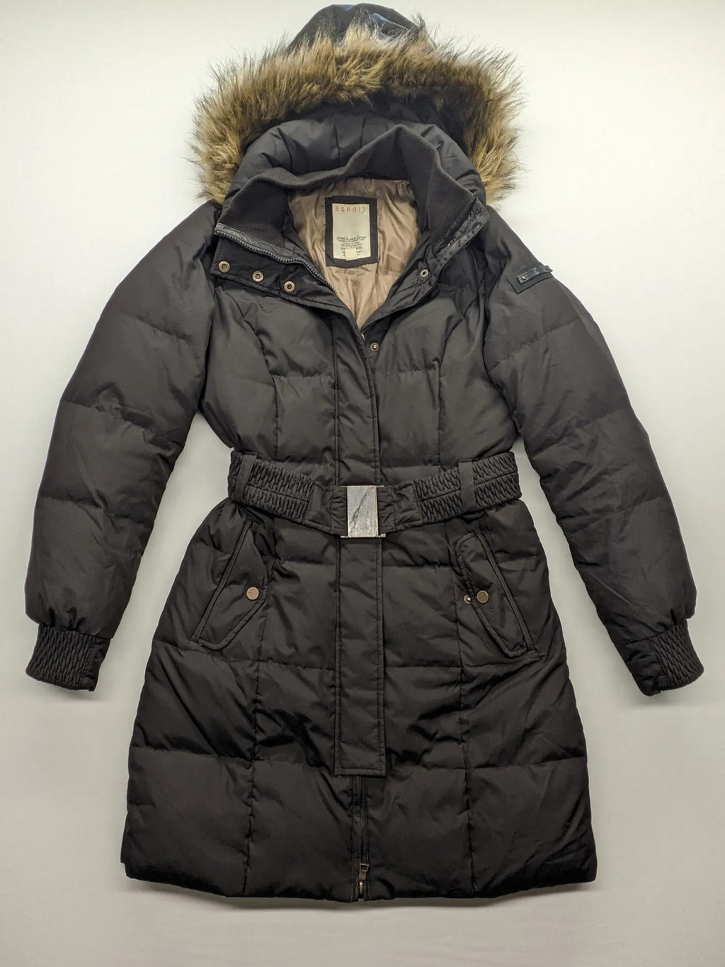 Esprit black quilted coat with removable faux fur hood and elastic waist belt.