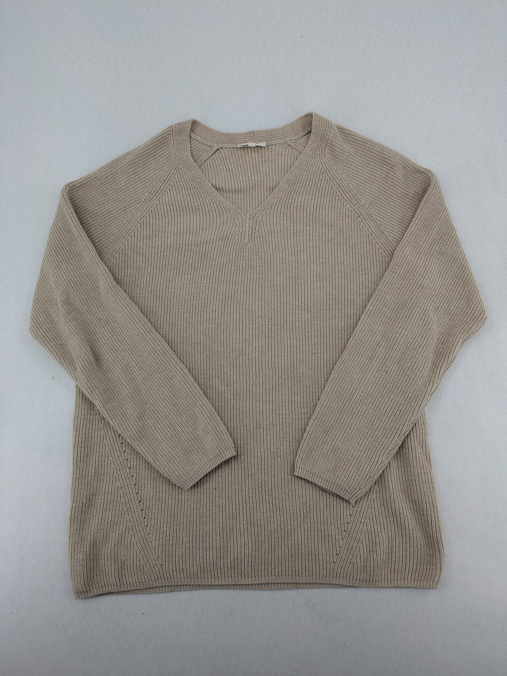 s.Oliver beige turtle neck jumper with V-neck, ribbed texture, and raglan sleeves