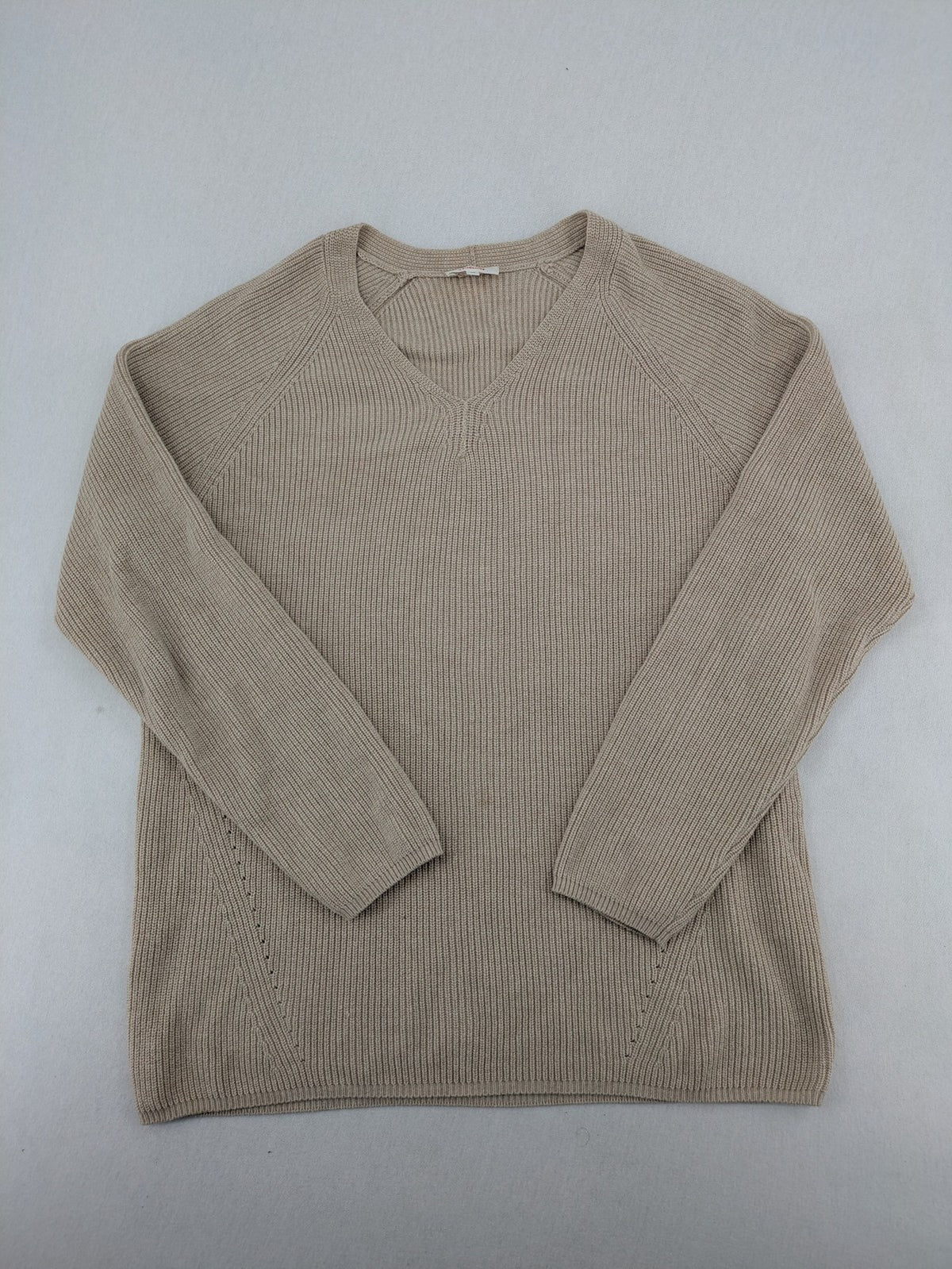 s.Oliver beige turtle neck jumper with V-neck, ribbed texture, and raglan sleeves