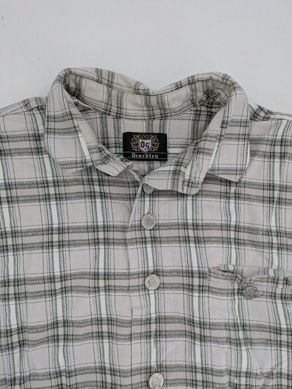 OS Trachten dirndl shirt grey green checkered cotton with decorative buttons and chest pocket
