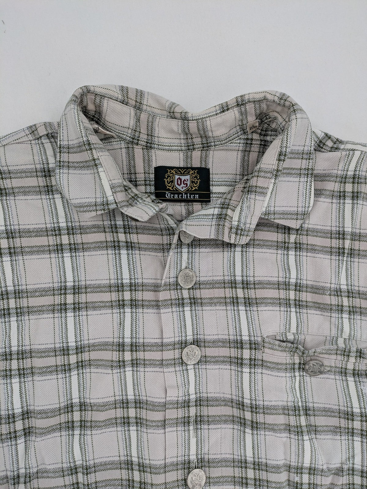 OS Trachten dirndl shirt grey green checkered cotton with decorative buttons and chest pocket