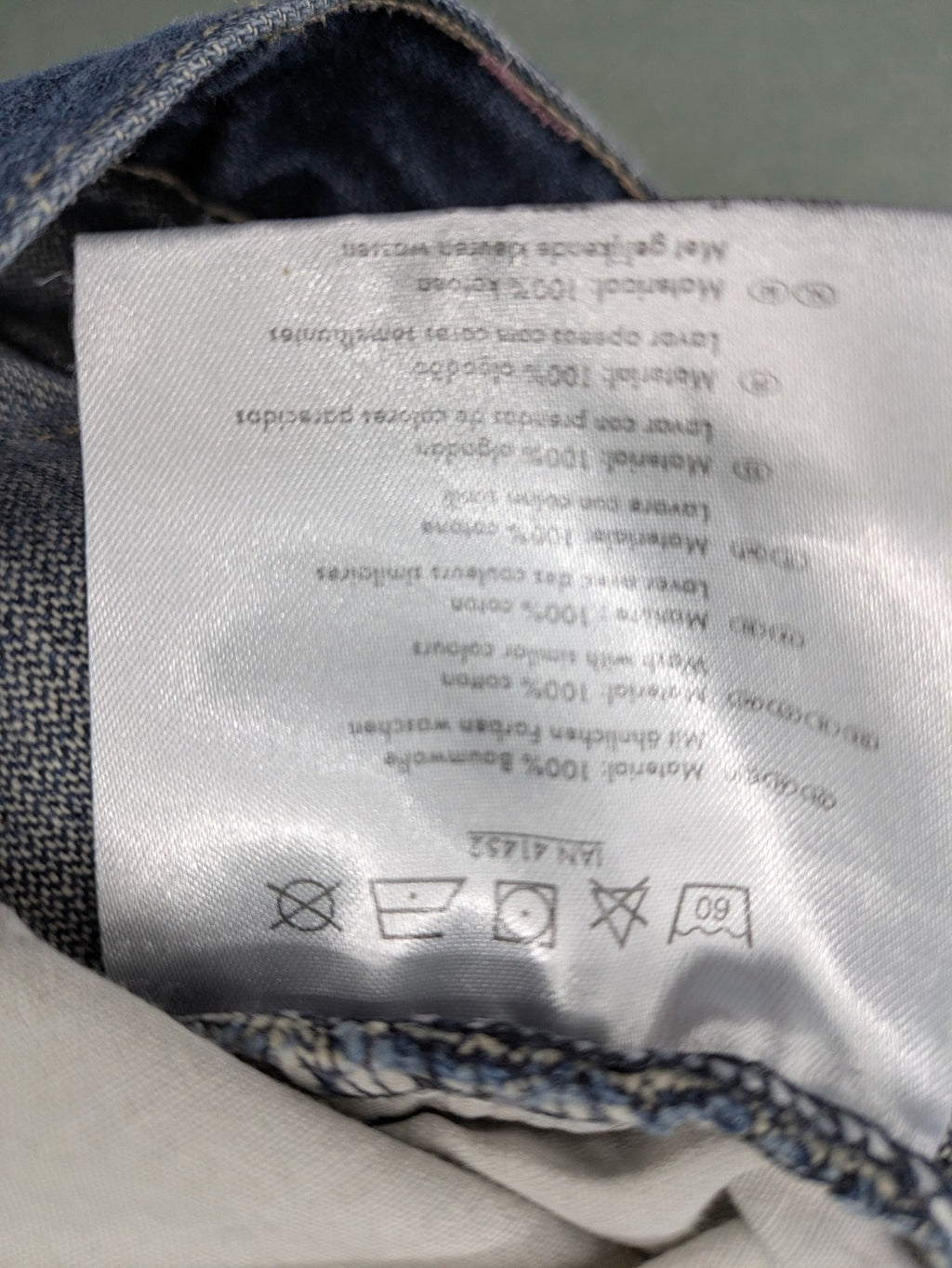Straight Leg blue pants 100% cotton with decorative stitching and classic 5-pocket style.