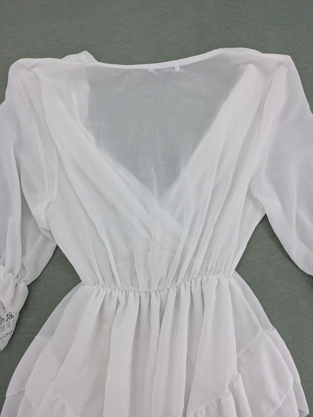 Amalfi white bridal party dress V-neck layered ruffles with lace trim sleeves