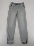 Denim & Co. grey jogger jeans with elastic waistband and ankle cuffs, cotton material.