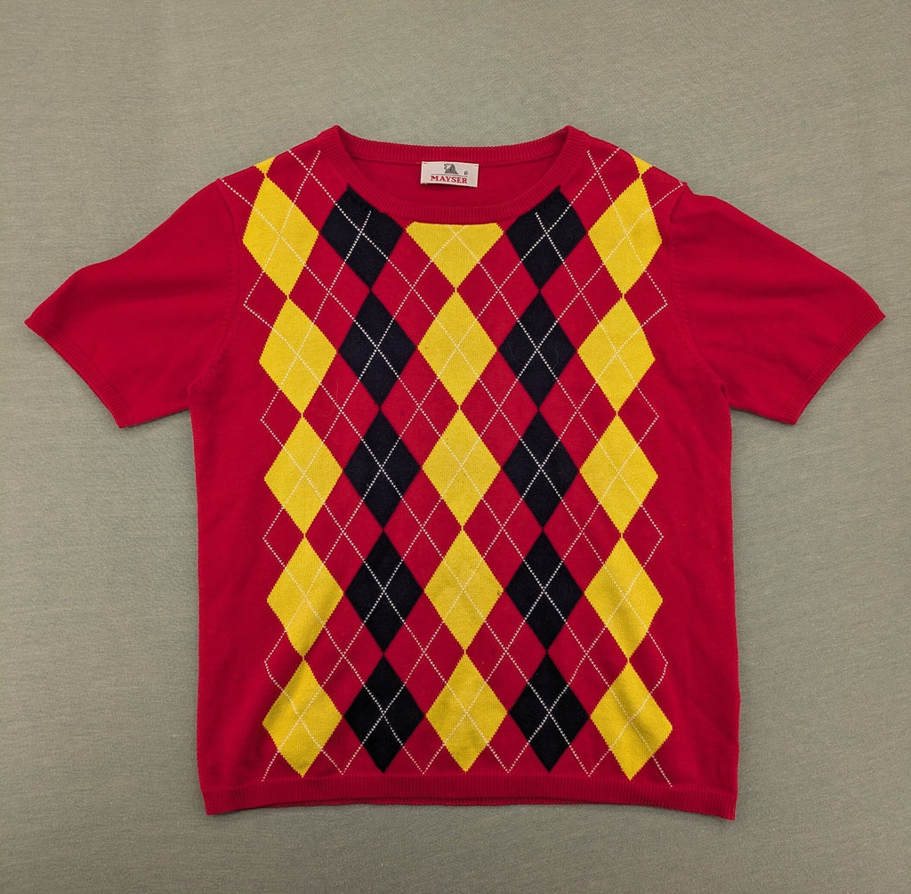 MAYSER multi turtle neck jumper argyle pattern in red, yellow, and black cotton.