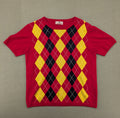 MAYSER multi turtle neck jumper argyle pattern in red, yellow, and black cotton.
