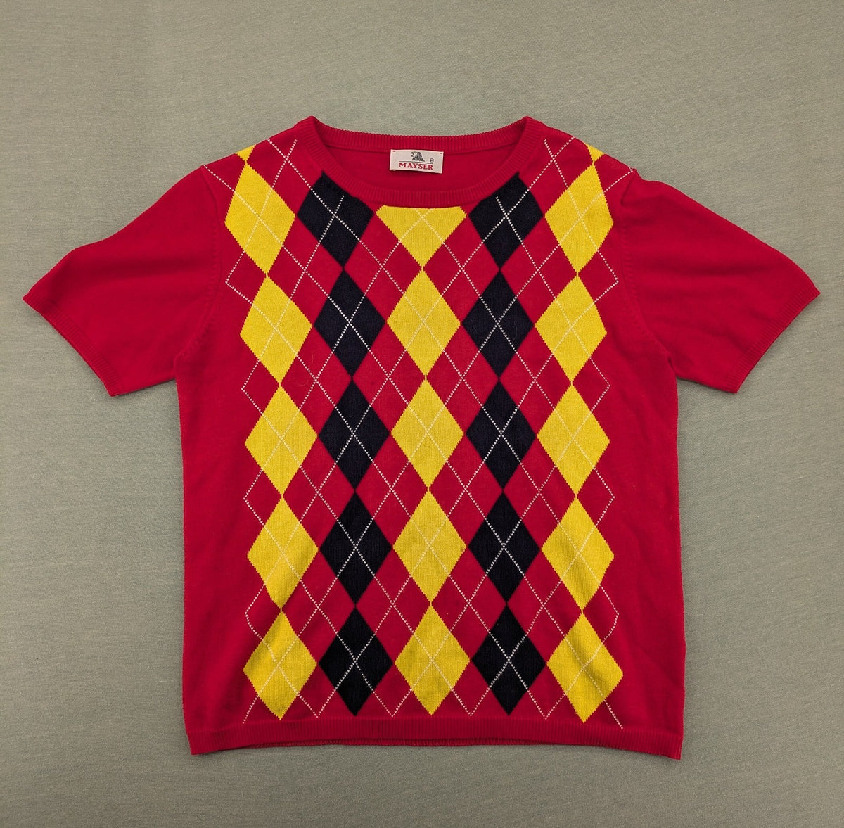 MAYSER multi turtle neck jumper argyle pattern in red, yellow, and black cotton.