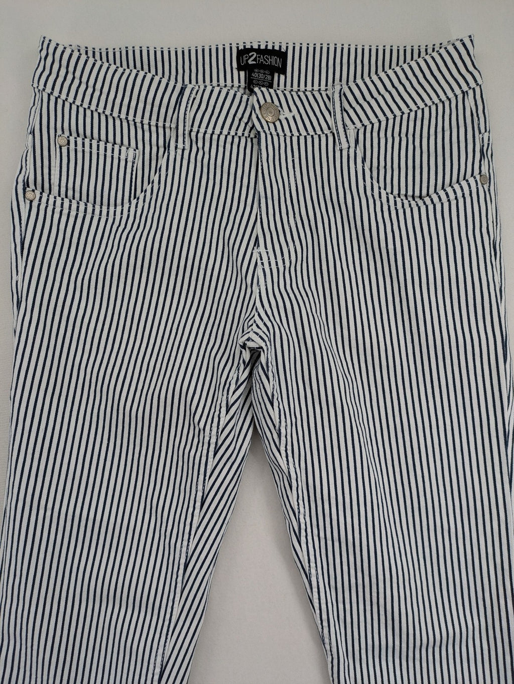 UP2FASHION blue and white striped straight jeans with five-pocket style and cotton stretch material.