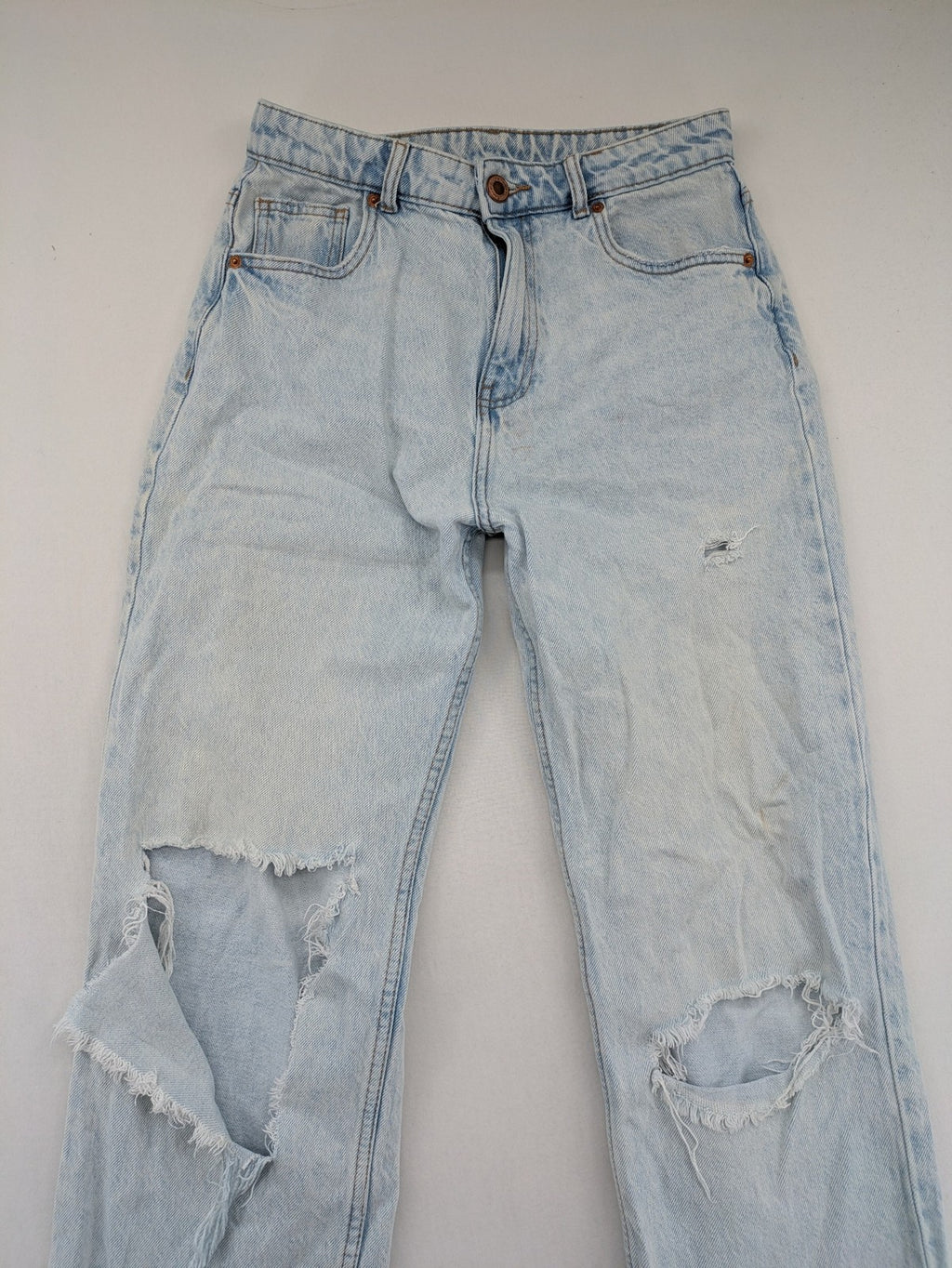 FB Sister blue mom jeans high waist distressed denim with knee rips and classic fit.